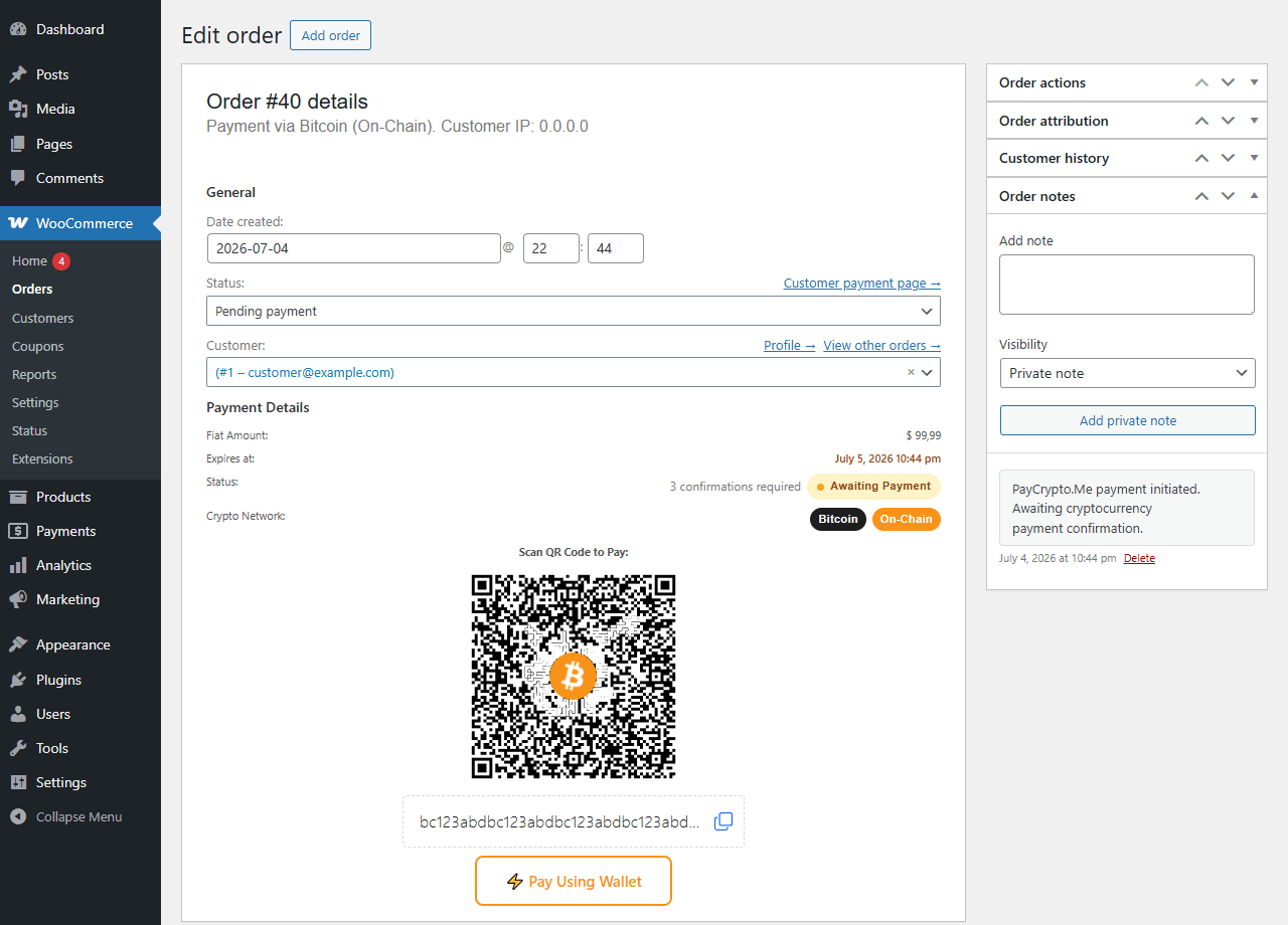 Admin order screen with payment details for support and reconciliation
