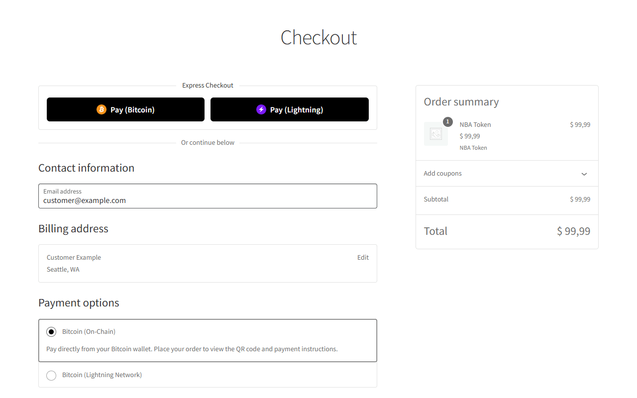 Checkout with Bitcoin On-Chain and Lightning payment options