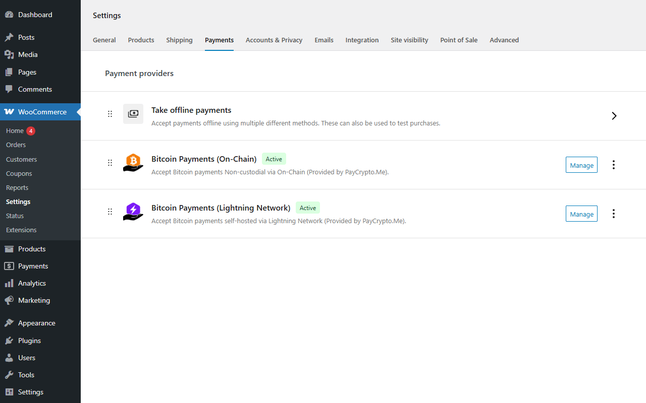 WooCommerce → Settings → Payments, both gateways listed