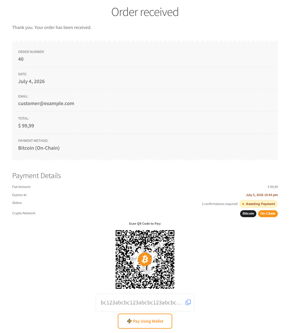 Order confirmation with payment QR code and wallet deep link